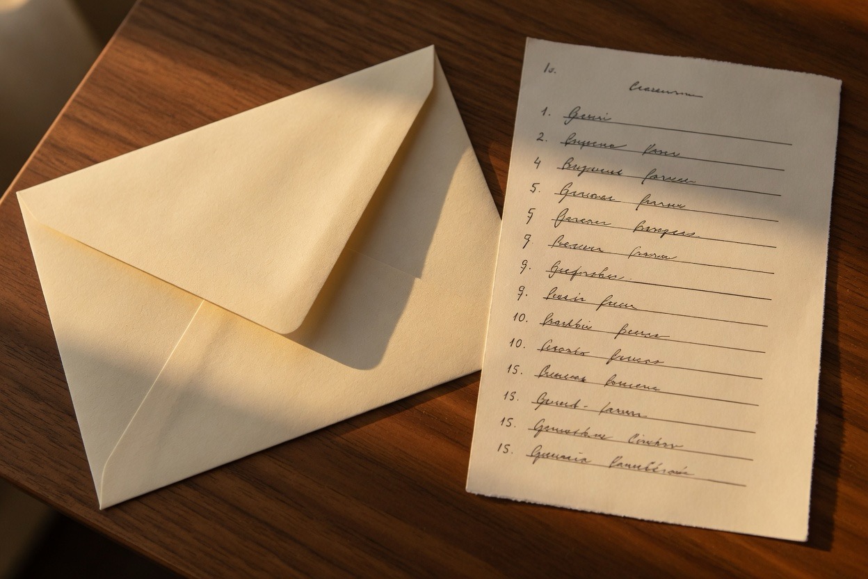 Photorealistic illustration of an invitation and a paper applicant list.