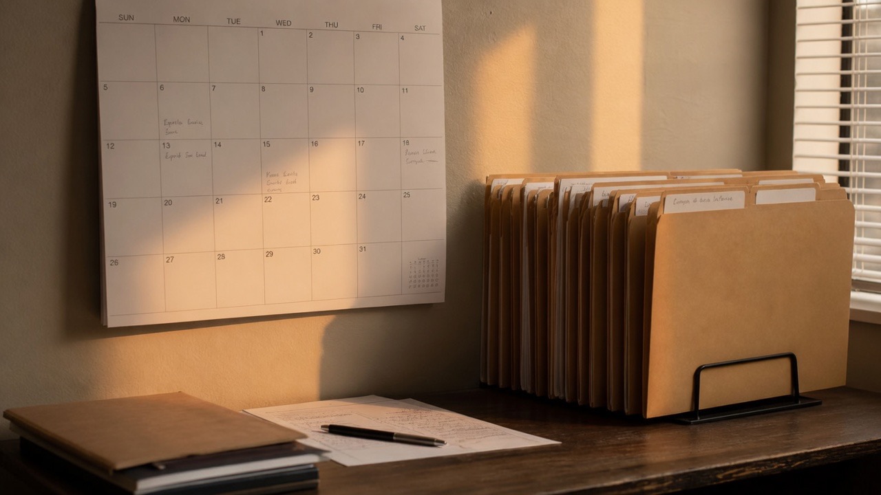 Photorealistic illustration of a calendar and folders used to track grant outcomes.