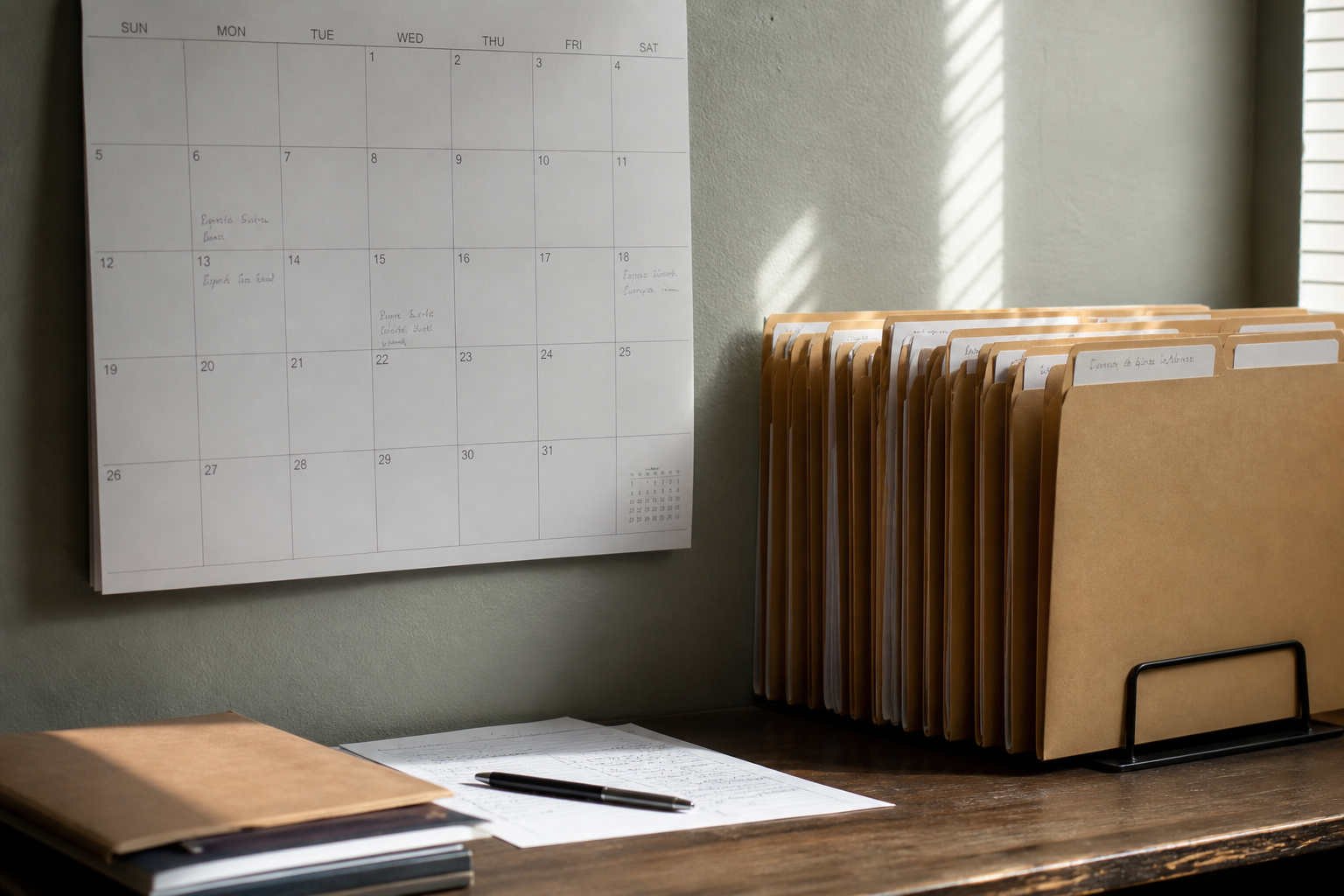 Photorealistic illustration of a calendar and folders used to track grant outcomes.