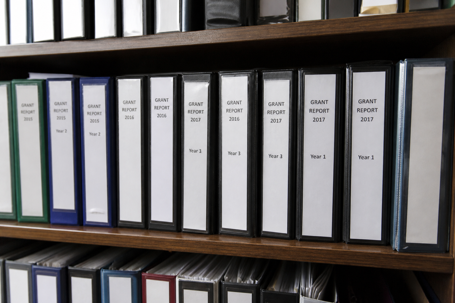 Photorealistic illustration of labeled grant report binders.