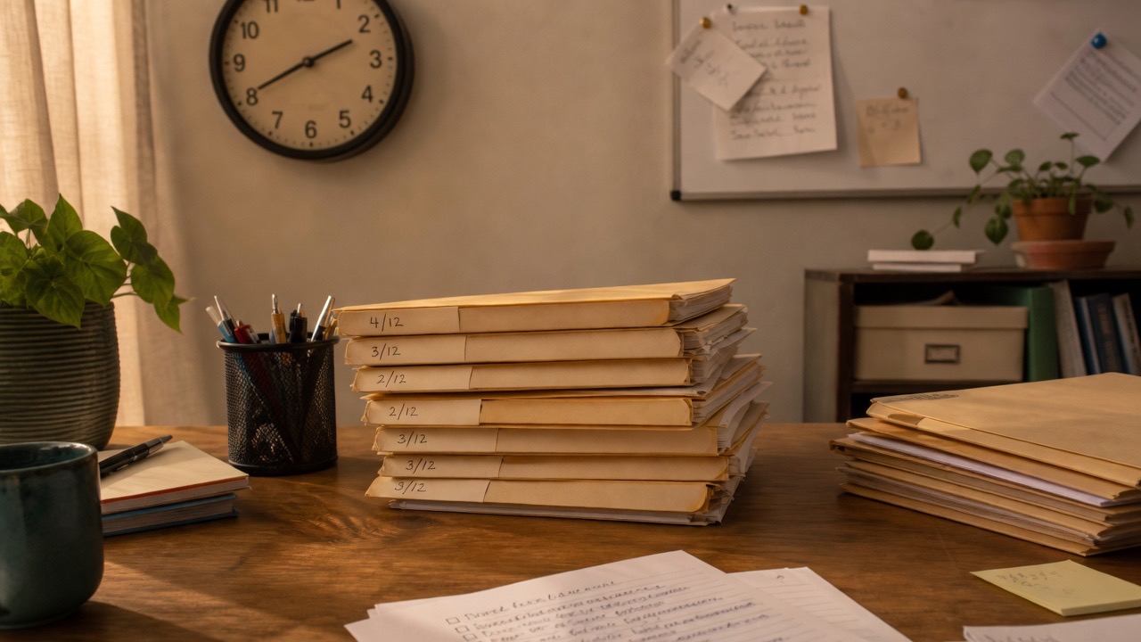 Photorealistic illustration of paper grant files and a checklist on a desk.