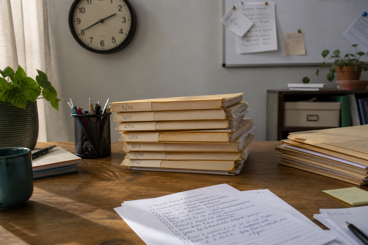 Photorealistic illustration of paper grant files and a checklist on a desk.
