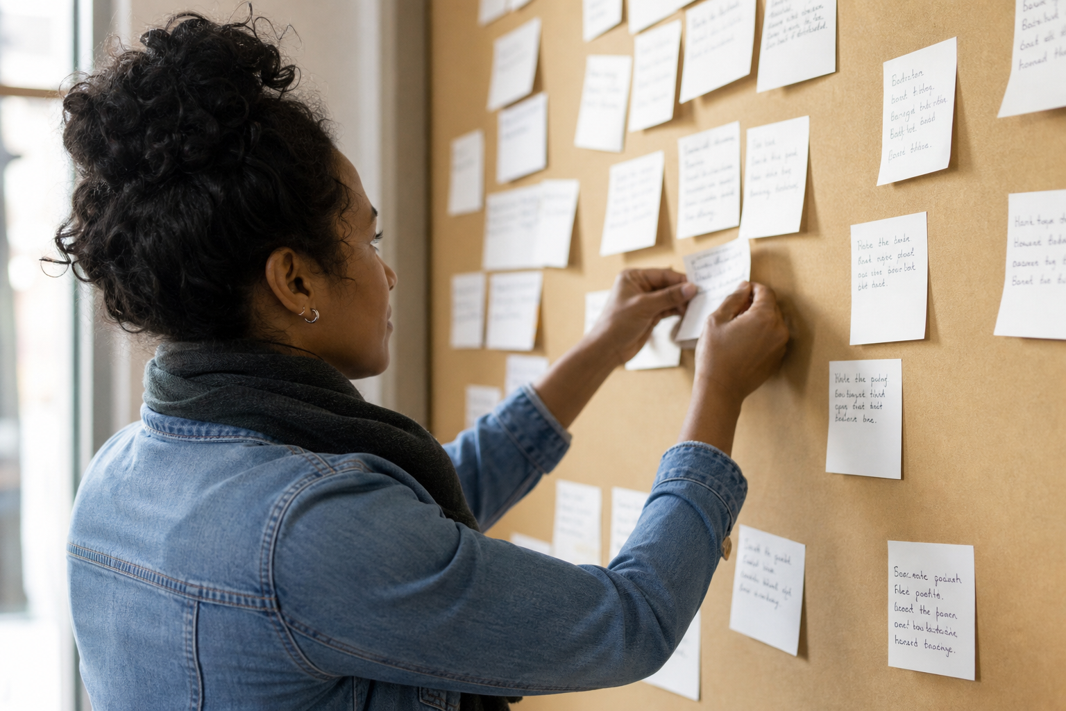 Photorealistic illustration of someone planning grant program outcomes on a board.