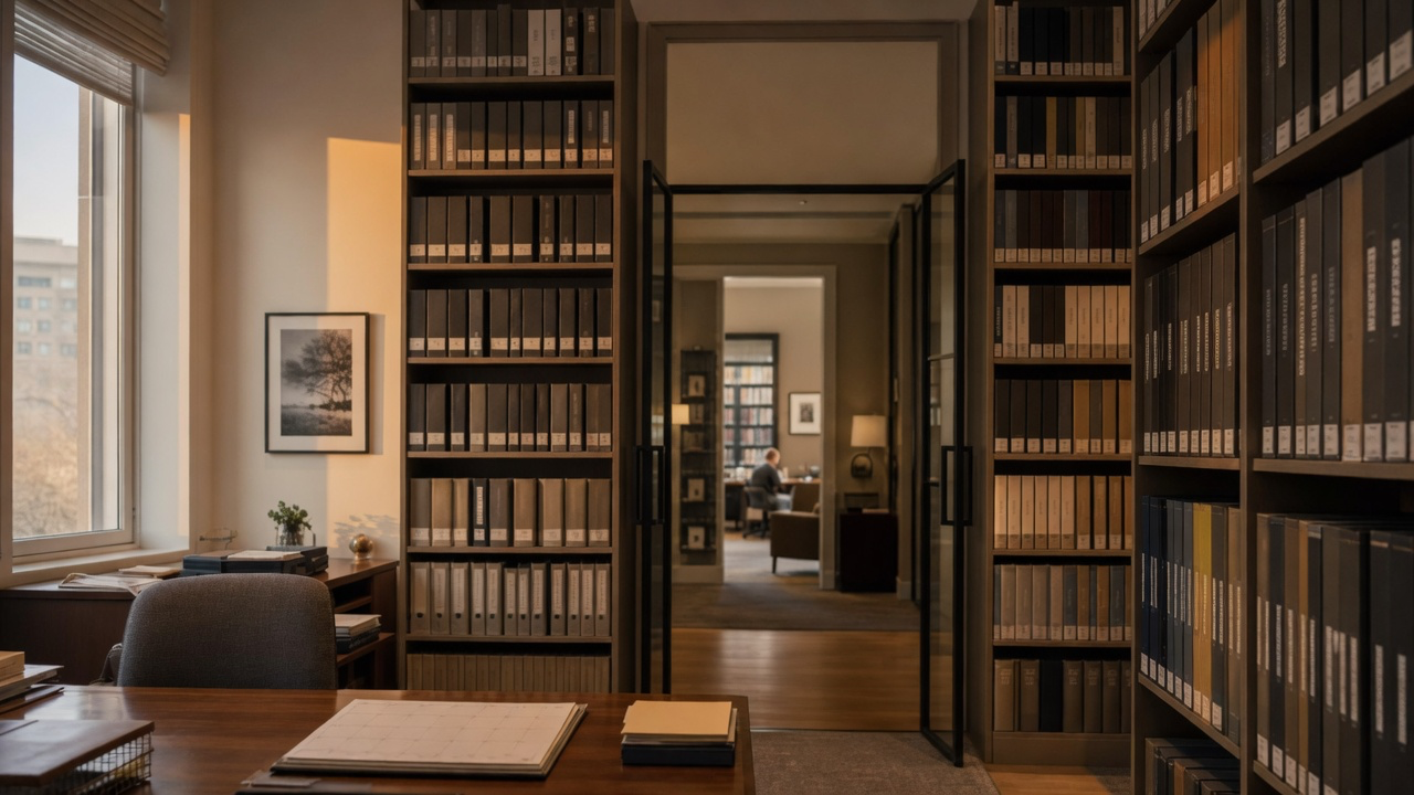 Photorealistic illustration of a foundation records room lined with labeled grant binders.