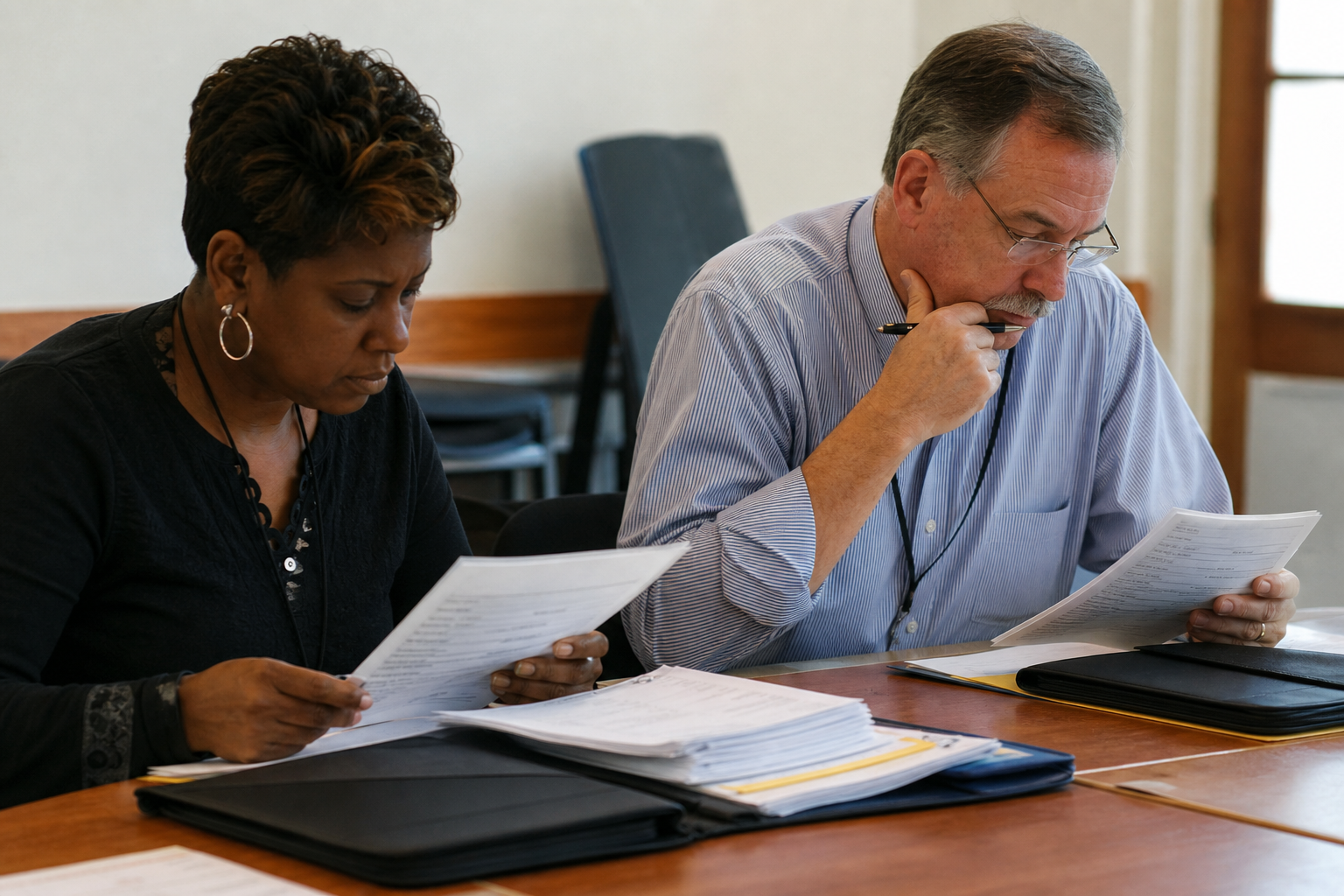 Photorealistic illustration of people scoring grant applications on paper.