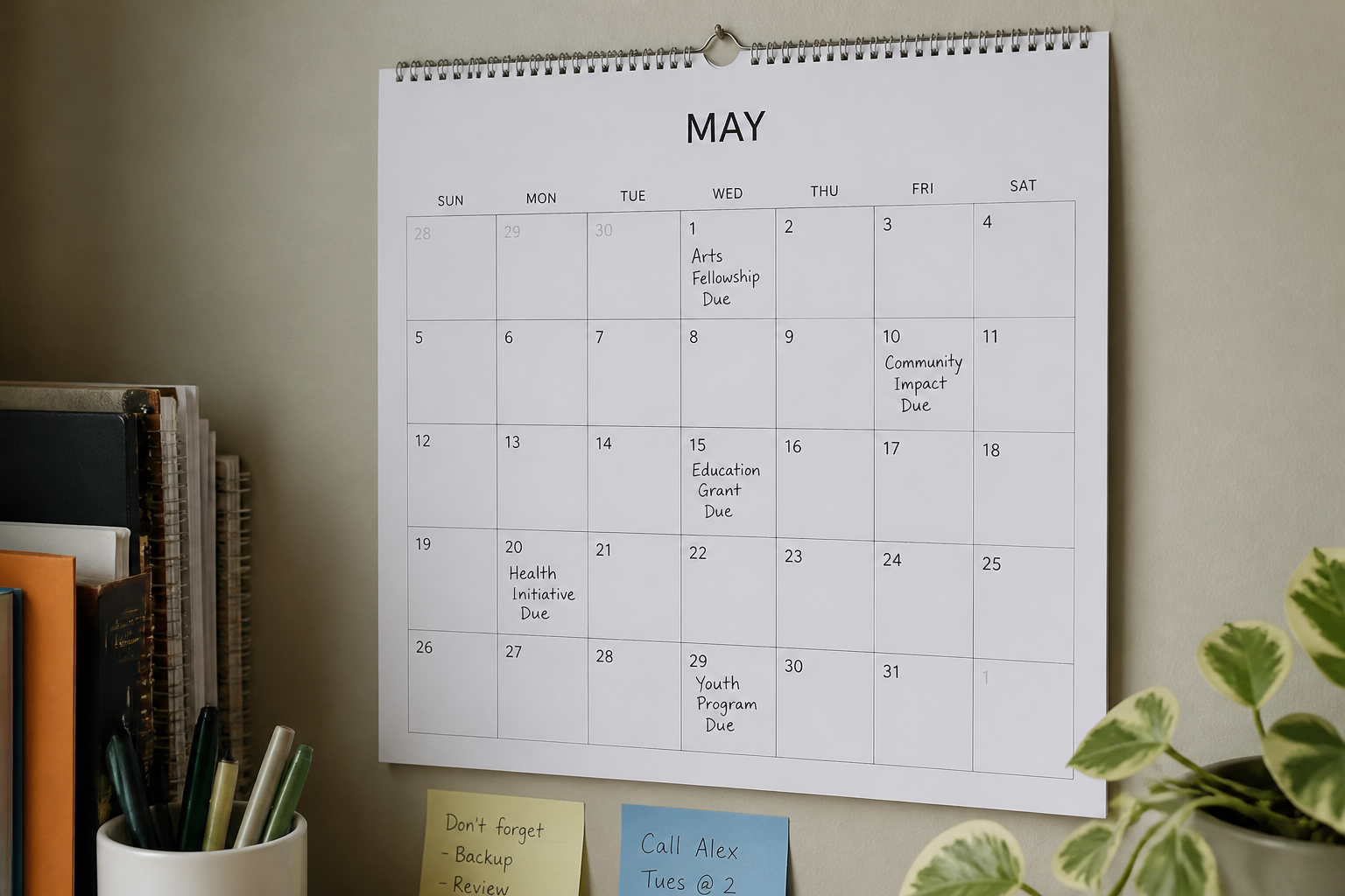 Photorealistic illustration of a calendar marking grant deadlines.