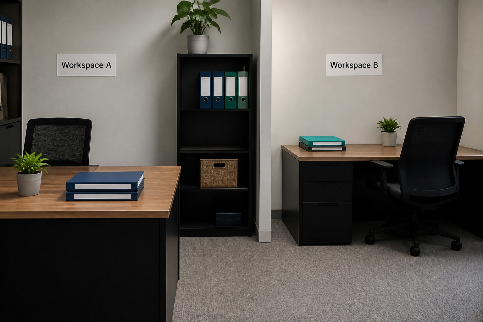 Photorealistic illustration of two separate foundation workspaces in one office.