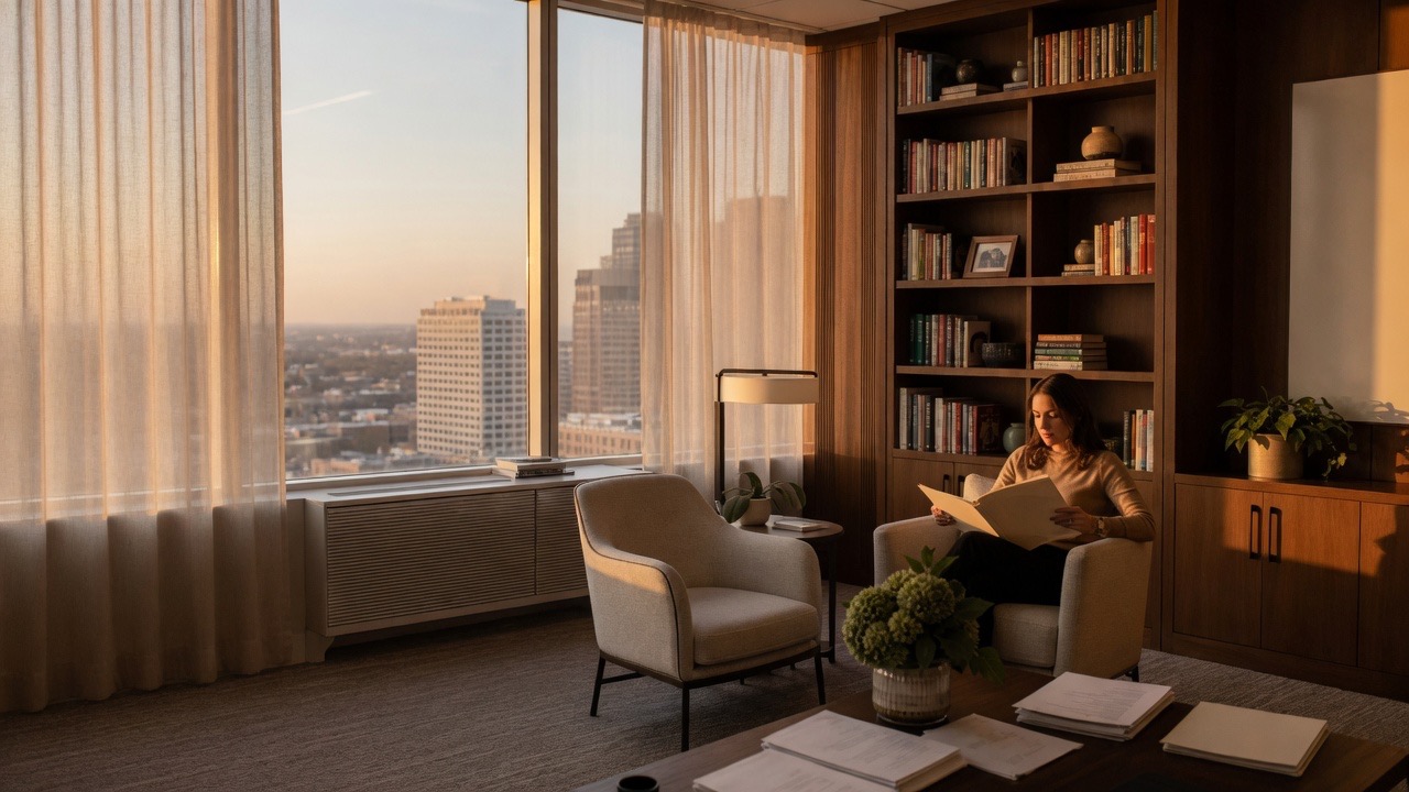 Photorealistic illustration of a foundation staff member reading a grant folder by a window.