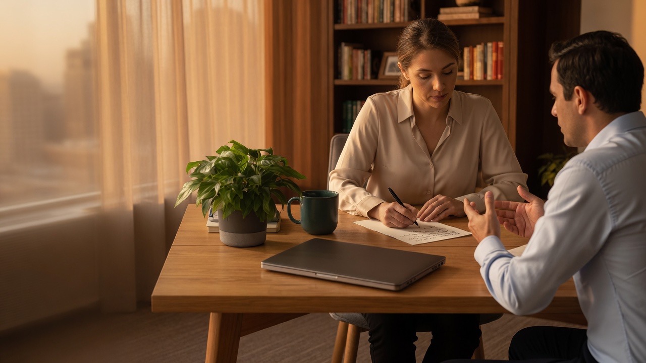 Photorealistic illustration of two colleagues talking at a wooden table while one writes a note.