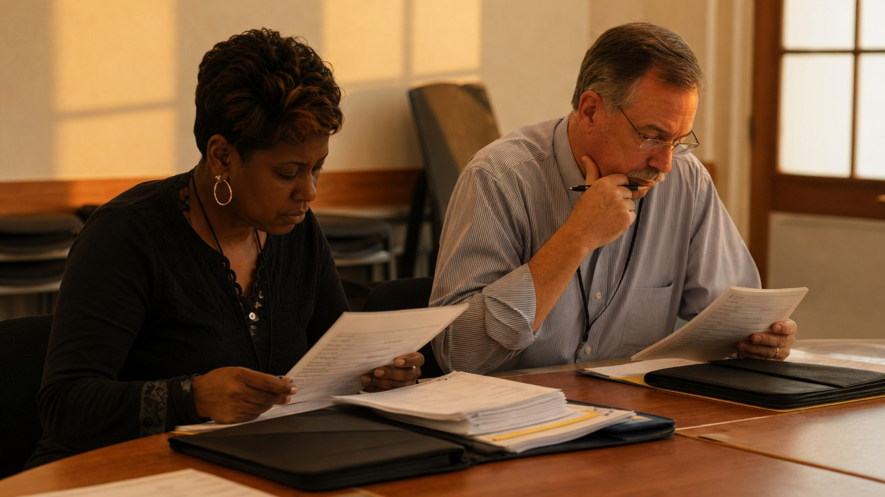 Photorealistic illustration of two reviewers scoring paper grant applications at a table.