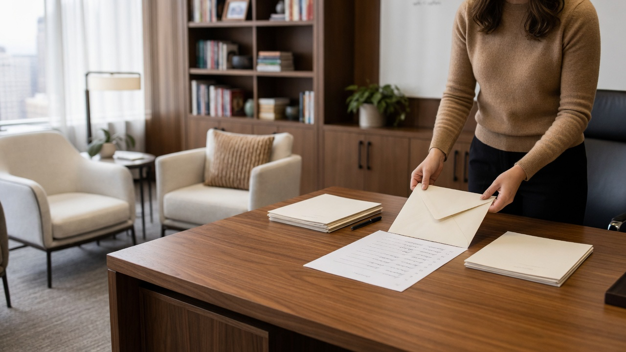 Photorealistic illustration of a foundation staff member preparing an invitation envelope at a desk.