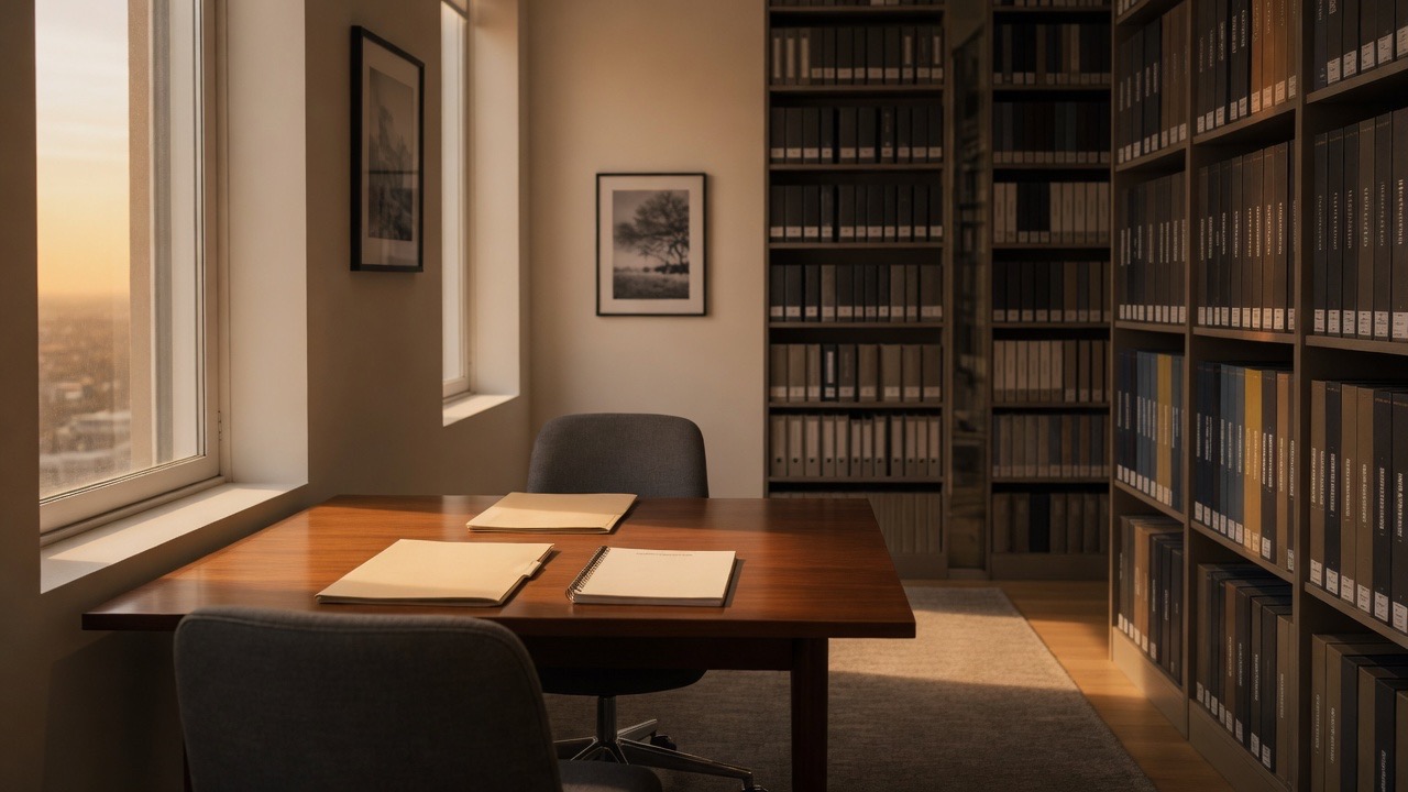 Photorealistic illustration of a small meeting table set with folders in a foundation records room.